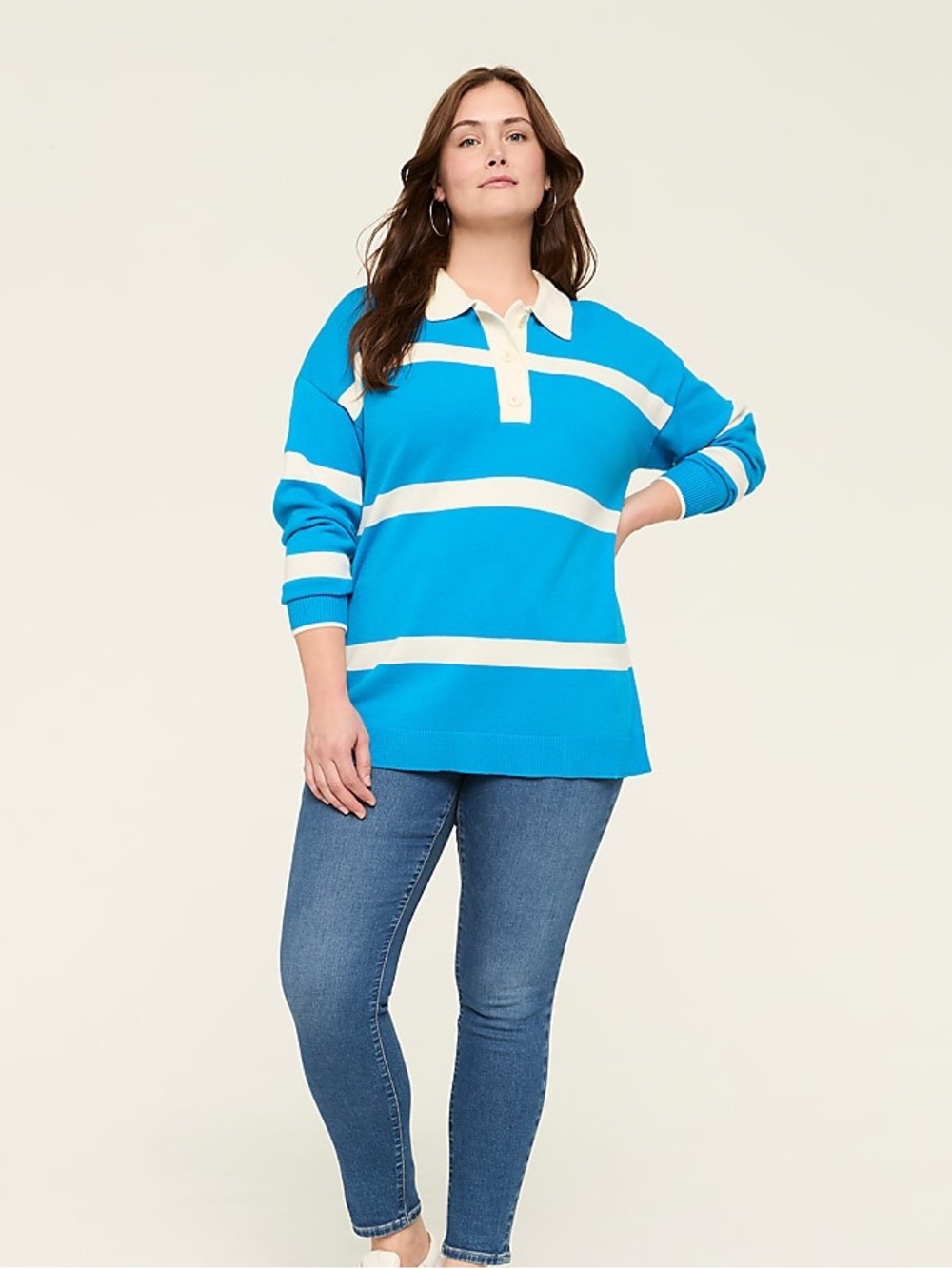 Lane Bryant 14/16 Blue Ivory Striped Polo Sweater Longline Preppy